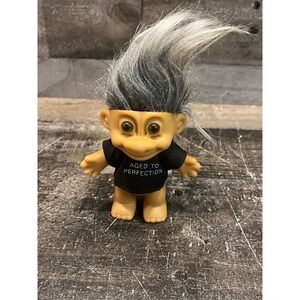 Vintage Russ Berrie Troll Doll Aged to Perfection Black Shirt Grey Hair 3 inch